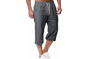 Men's 3/4 Sweatpants Cotton Linen Elastic Waist Lightweight Joggers Athletic Below Knee Summer Capri Drawstring Pants