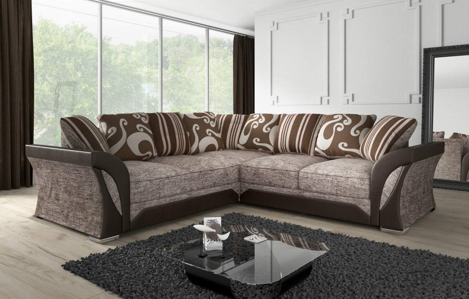 discountsland CLARA DESIGNER SYMMETRICAL FABRIC & FAUX LEATHER CORNER SOFA SET IN GREY/BLACK (Brown/Beige)