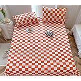 KAREVER Orange Grid Bed Sheet Set Orange White Checkered 4 Pieces Bedding Sheet Set 1 Fitted Sheet 1 Flat Sheet with 2 Pillowcases Orange Plaid Sheet Queen Size