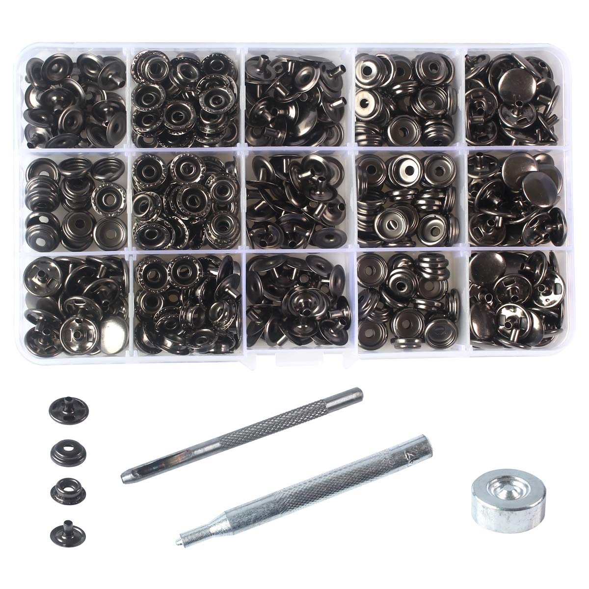 Photo 1 of INNETOC 100 Sets - 12mm(1/2") Metal Line 20 Gunmetal Black Plated Steel Snaps Fastener Leather Rapid Rivet Button Sewing with Seting Tool (12mm, Gun Black)