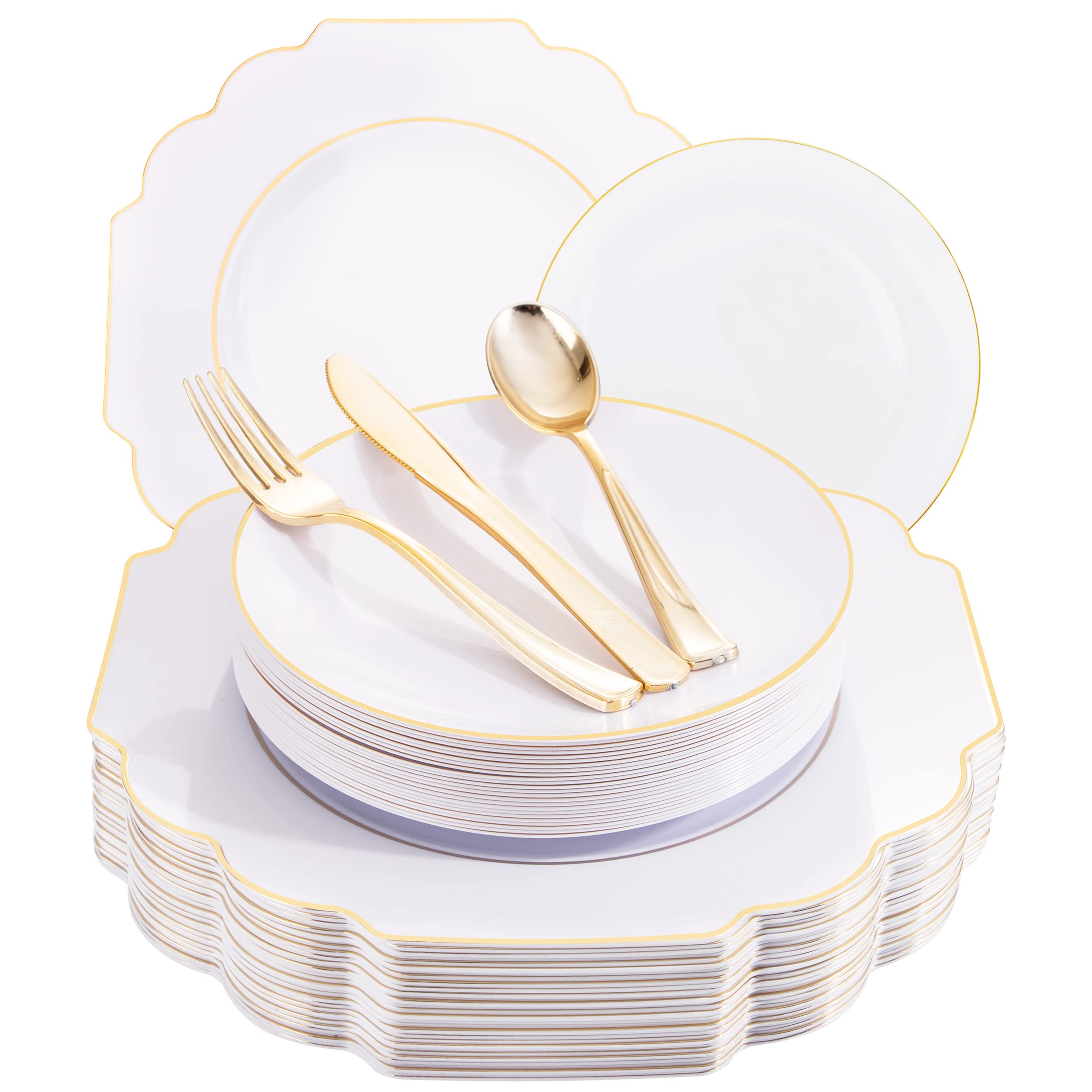 Photo 1 of Supernal 150pcs Gold Plastic Dinnerware include White and Gold Disposable Square Plates,Gold Plastic Silverware Perfect for Birthday,Party,Wedding,Bridal Shower