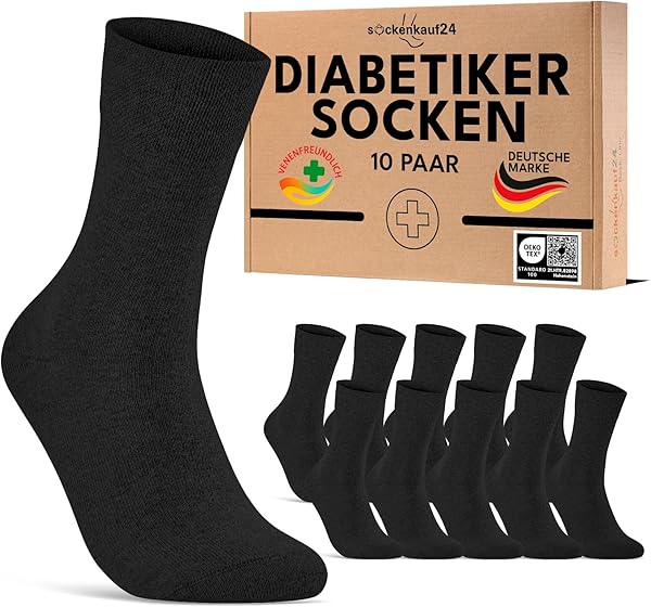 sockenkauf24 10 Paar Diabetikersocken für Herren & Damen ohne Gummibund & ohne Naht aus Baumwolle Diabetiker Socken mit Komfortbund ohne Gummi