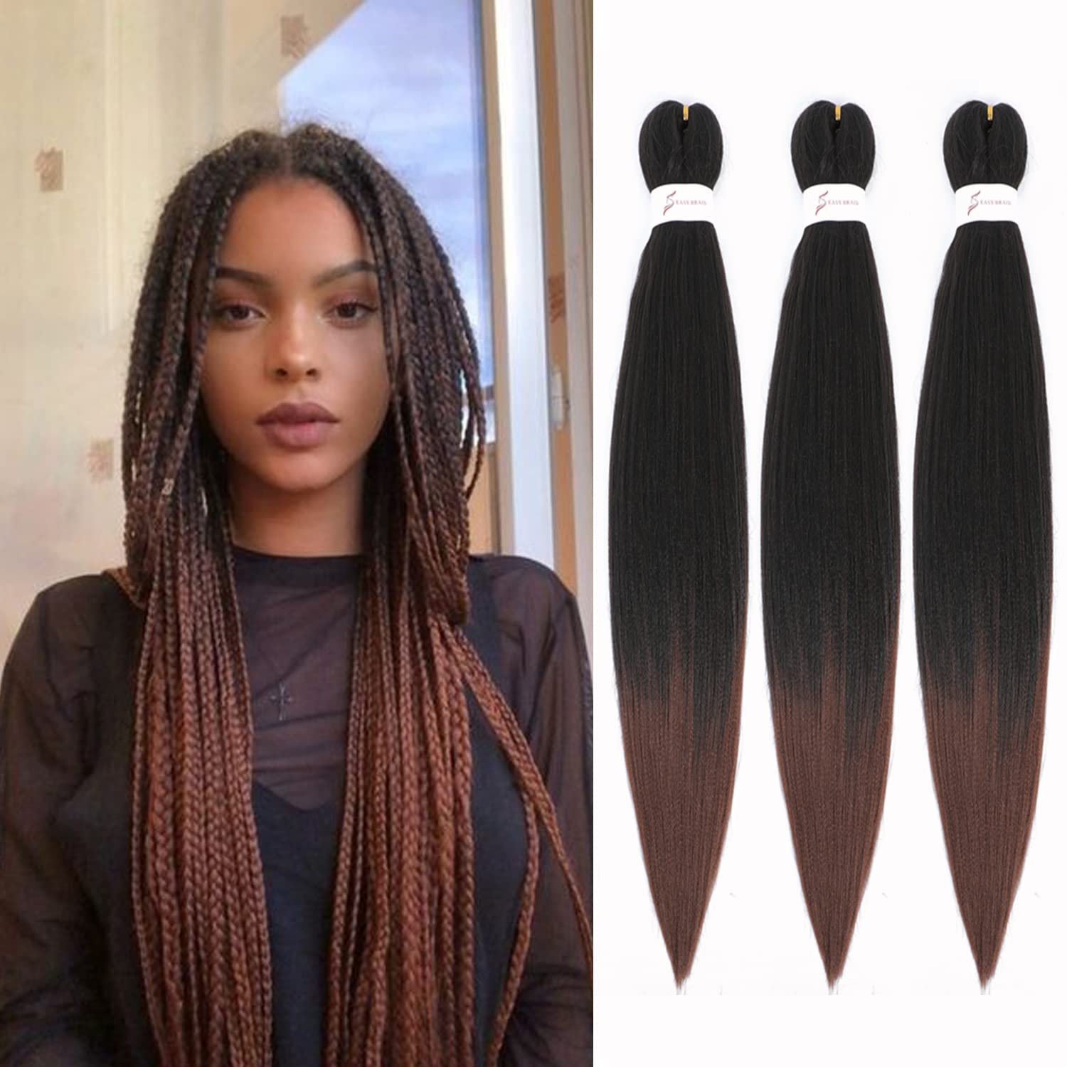 Originea 3 Packs Pre Stretched Braiding Hair 26 inch Yaki Texture EZ Braids Extensions Hair for Braiding Hot Water Setting Synthetic Hair Extensions (#T1B/30)
