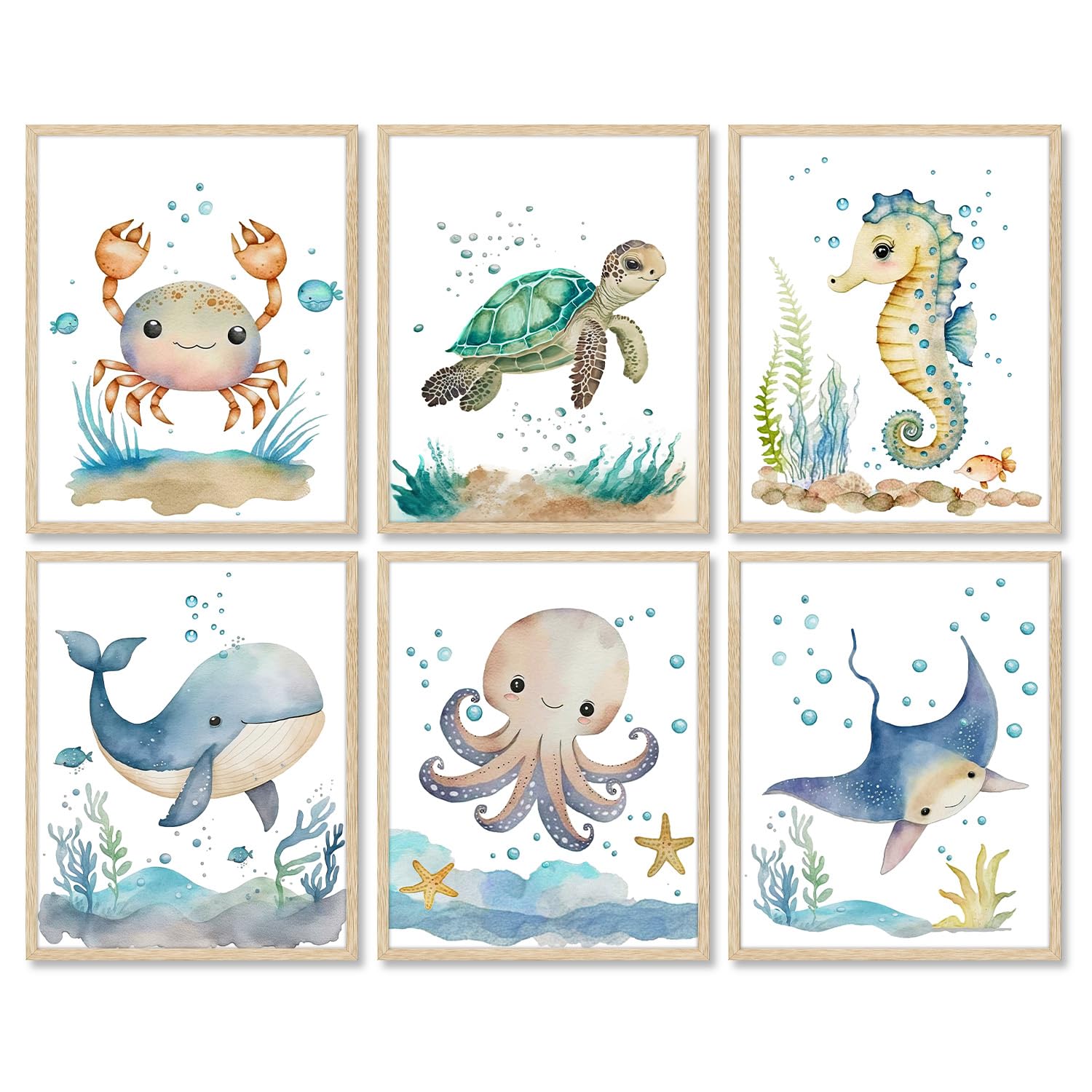 Dazzlewall 6 PCS Ocean Animal Wall Art Prints Watercolor Sea Animal Wall Art Poster for Nursery Kids Baby Room Decor 8x10 in Unframed