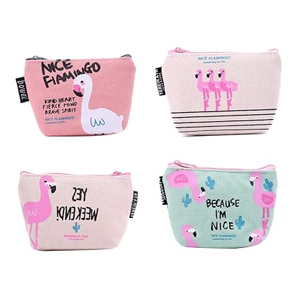 TOYMYTOY 4Pcs Leinwand Geldbörse mini Geldbeutel Cartoon Flamingo Damen Madchen Portemonnaie Reißverschluss Münzen Taschen