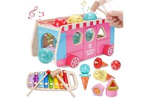 KMTJT Girls Wooden Ice Cream Truck, Montessori Toys Pretend Play Food, Pound A Ball Toy with Xylophone | 1st 2st First Birthday for 1 2 3 Year Old Year Toddlers Kids