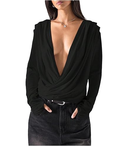 SOLY HUX Women's Deep V Neck T Shirt Long Sleeve Metal Decor