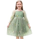 AWIBMK Kids Baby Girls Mesh Long Sleeve Birthday Princess Tulle Tutu Dress Square Neck Smocked Back Wedding Party Dress Green Embroidery Flower 12-18 Months