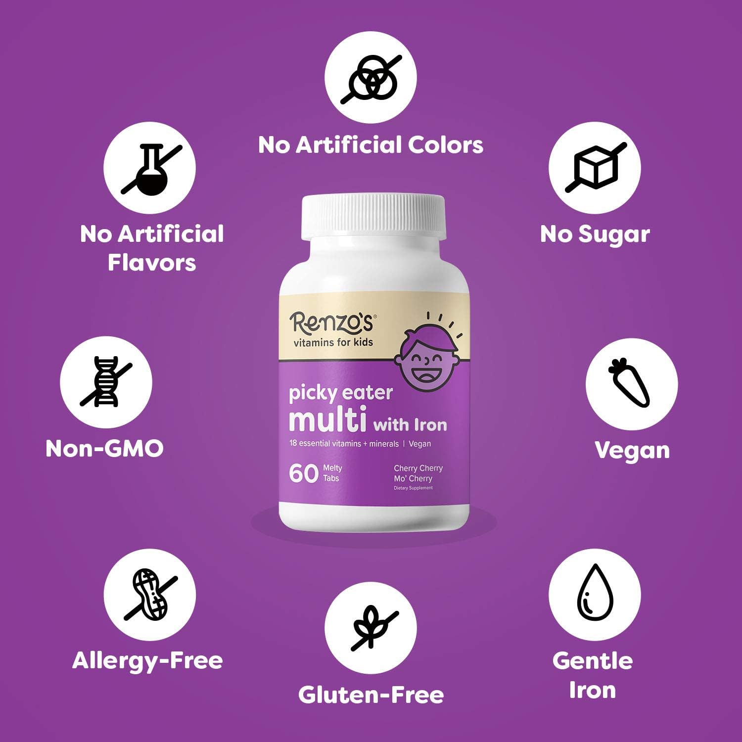 Renzo's Picky Eater Kids Multivitamin with Iron, Dissolvable Vegan