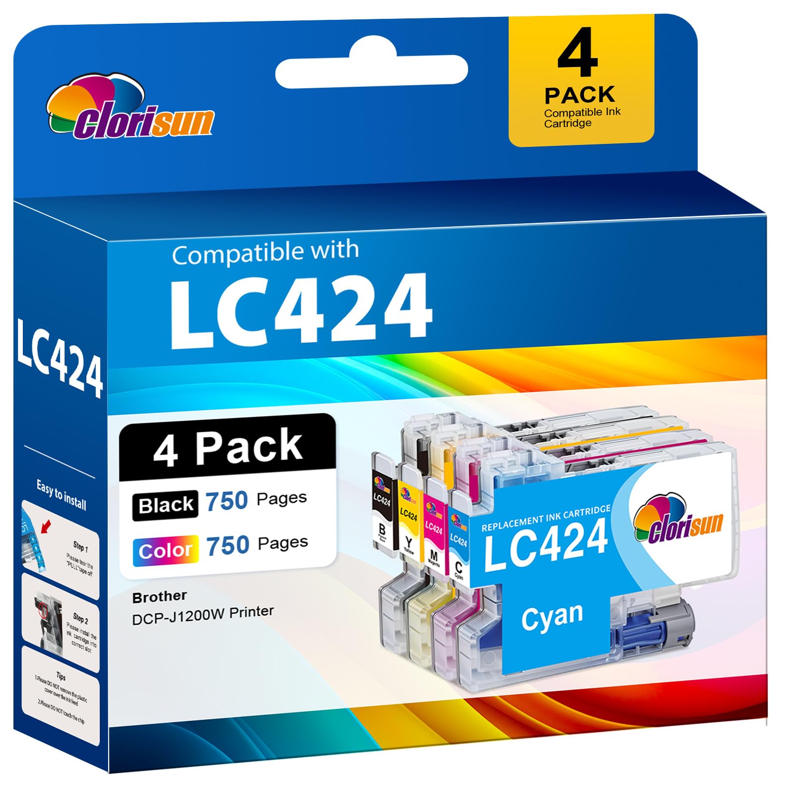 Clorisun LC424 Ink Cartridges Compatible with LC 424 Printer Cartridges for Brother LC-424 LC-424VAL Multipack for Brother DCP-J1200W DCP-J1200WE (1 Black, 1 Cyan, 1 Magenta, 1 Yellow, 4 Pack)