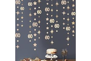 PINKBLUME Champagne Gold 60th Birthday Decorations Number 60 Circle Dot Star Garland Metallic Streamer Banner for Women Mens Cheers to 60 Years Old Birthday Happy 60th Anniversary Vintage 1965 Party Supplies