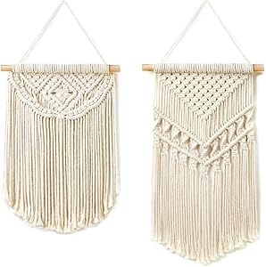 Dahey 2 Pcs Macrame Wall Hanging Small Woven Tapestry Wall Art Decor,Boho Chic Home Decor Apartment Dorm Room Party Decoration,18" L×10" W and 15" L×10" W