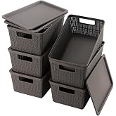 WRRLORS 6 Pack Plastic Storage Baskets with Lid,Grey Stackable Bins | Durable Woven Plastic With handle Breathable,Save space,For Organizing Desktops, Closets, Playrooms, Classrooms, Offices
