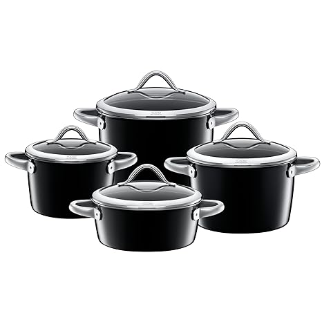 Silit Vitaliano Nero Topfset 4-teilig mit Glasdeckek, Silargan Funktionskeramik, Schüttrand, induktionsgeeignet, spülmaschine