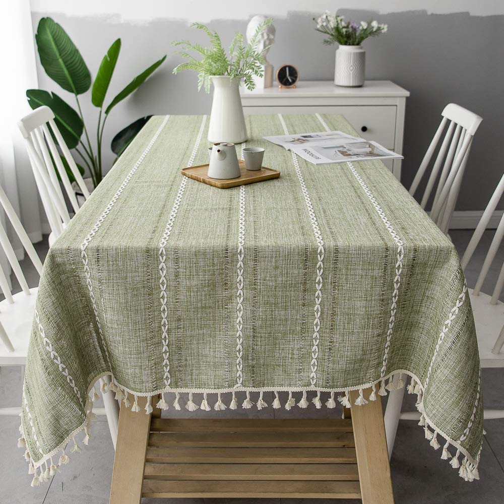 Wondder Cotton Linen Table Cloth Tassel Tablecloth for Party Banquet Dining Table Cover (Green striped hollow, 110x170cm(43.3x66.9inch))