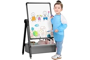 YOZOIA Art Easel for Kids, Double Sided Kids Easel Drawing Board, Whiteboard & Blackboard, 360°Rotating Adjustable(Black)