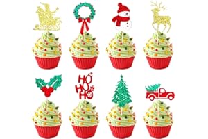 Wootkey 24Pcs Merry Christmas Cake Topper HO HO Christmas Cupcake Toppers Snowman Xmas Tree Deer Cupcake Picks for Xmas Holiday Birthday Party Baking Supplies Cake Decorations