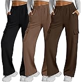 Neer 3 Pack Womens Cargo Sweatpants with Pockets Casual High Waisted Baggy Wide Straight Leg Pants Athletic Joggers Trousers(Black, Khaki, Brown,Large)