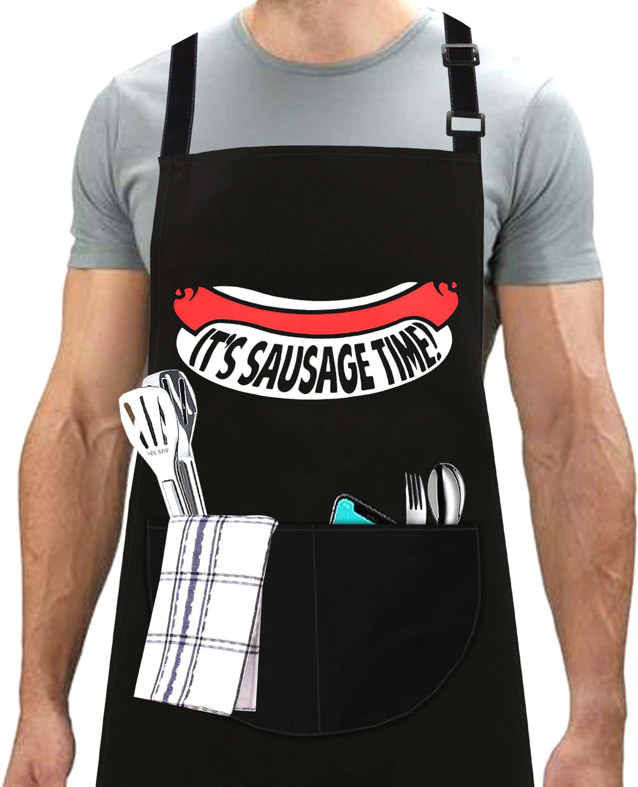 LINEN CLOSET® Bbq Apron for Men Funny Aprons Grilling Novelty Barbecue Aprons Kitchen Cooking Gift Sausage Apron with 2 Front Pockets