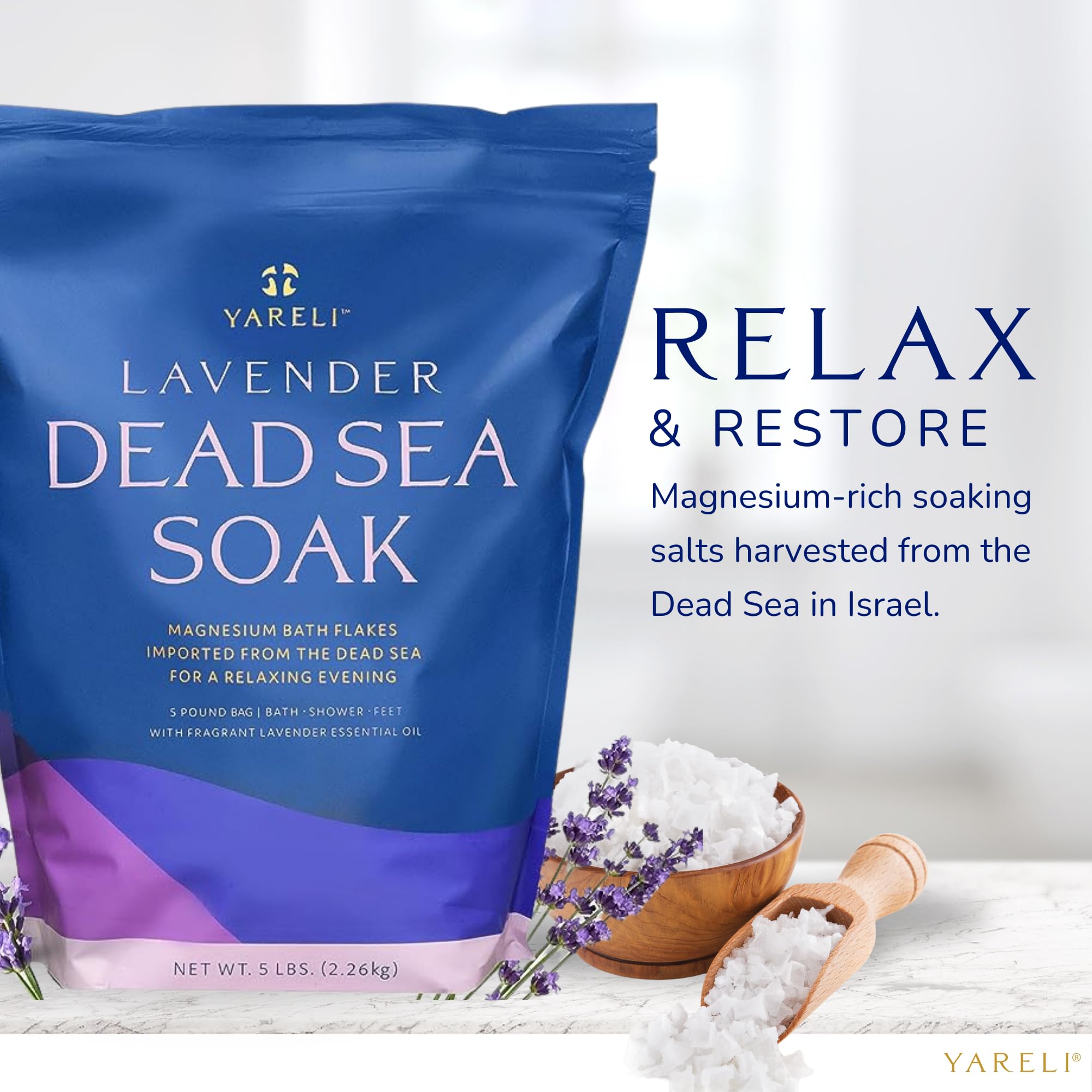 Yareli Magnesium Flakes, 5lb Lavender, Dead Sea Bath and Foot Soak, Alternative to Epsom Salt with Over 250,000mg of Magnesium Chloride Per Bag