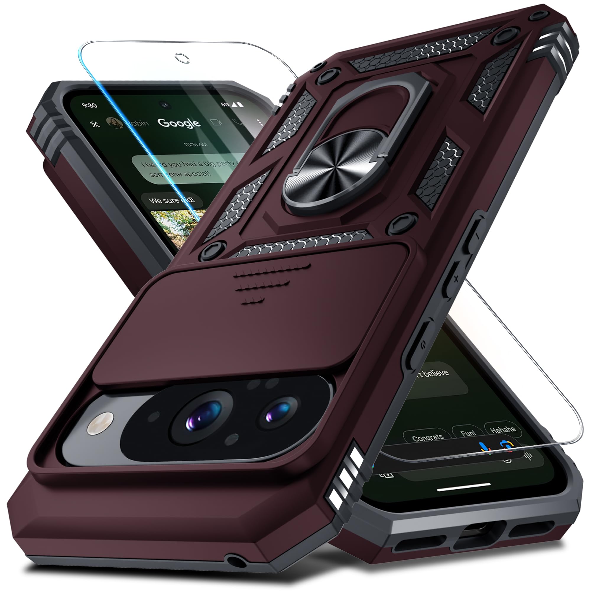 Photo 1 of Janmitta Case Compatible with Google Pixel 10/10 Pro Built in Slide Camera Lens Cover + Screen Protector + Finger Ring Holder Kickstand, Heavy Duty Shockproof Full Body Protective Phone Cover, Wine Red