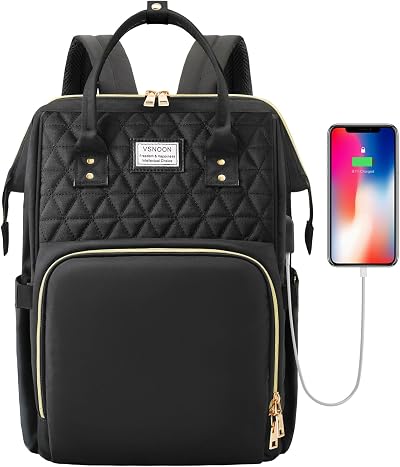 VSNOON Women's Laptop Backpack 15.6 Inch USB Port Water Resistant Black