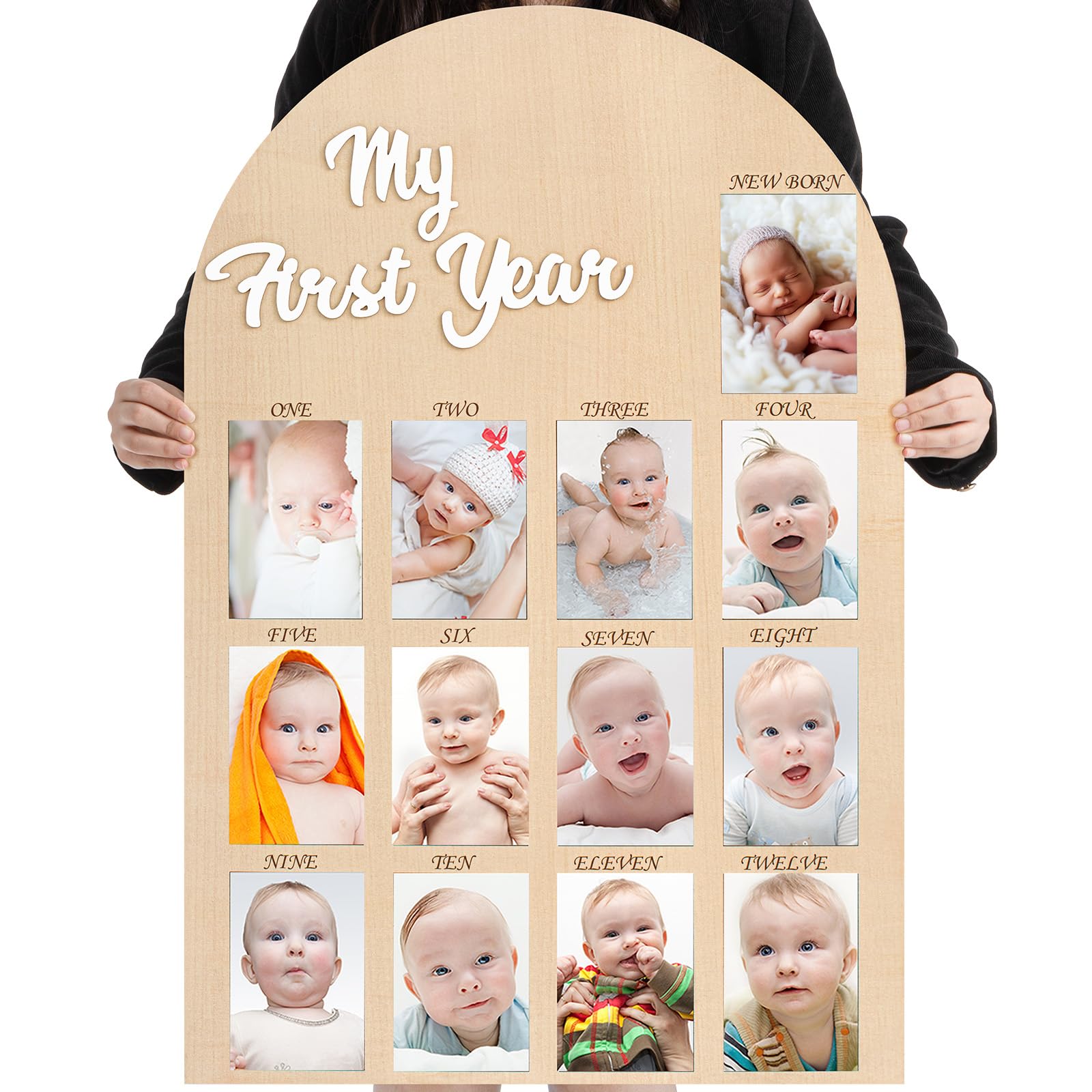 Photo 1 of Kritkin My First Year Photo Board Baby Birthday Picture Frame 12 Monthly Wooden Photo Board 1st Birthday Decorations Baby Gift for Newborn Keepsake(33 x 22 Inch)