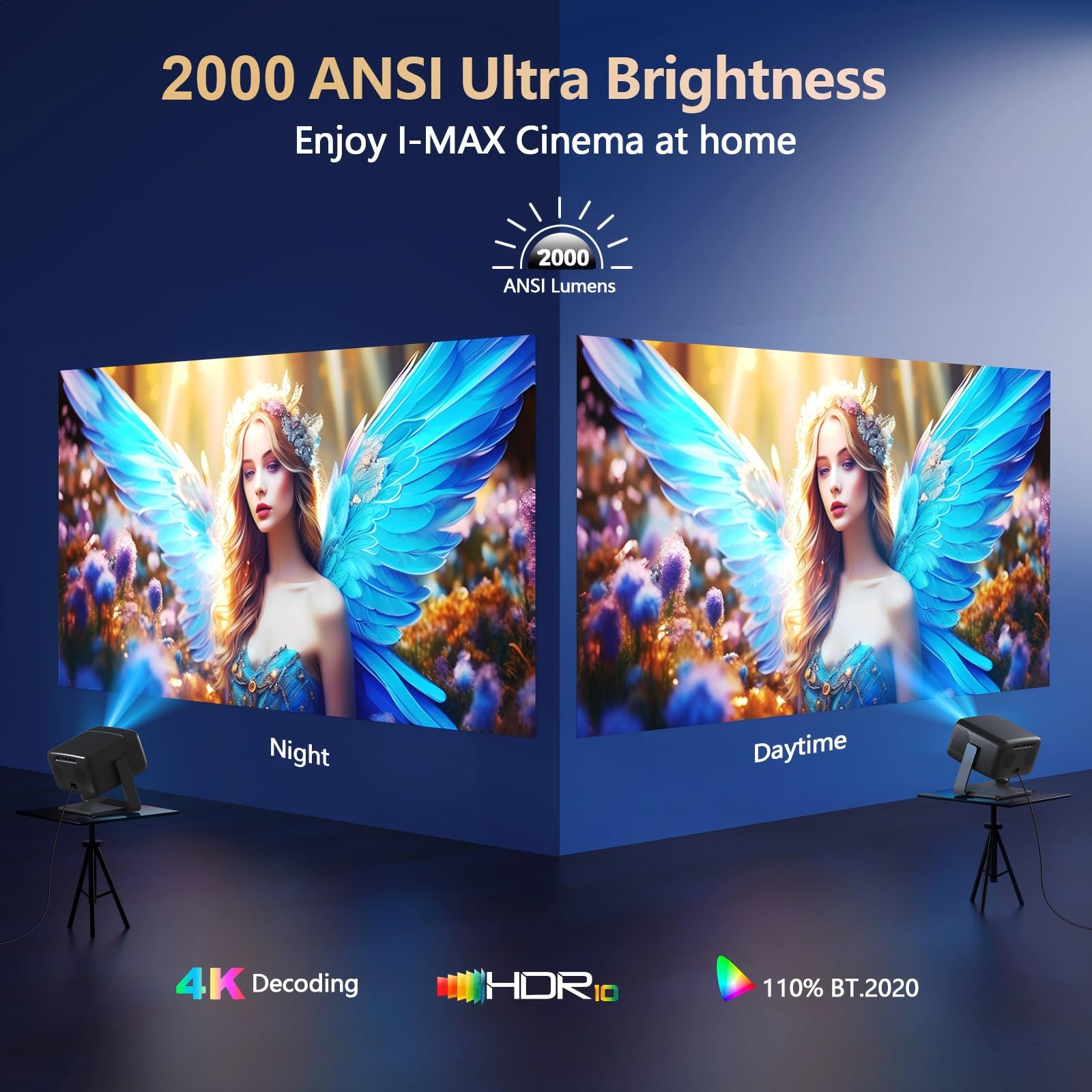 [2000 ANSI/ Official-NetfIix/360°Stand] Outdoor Projector with WiFi and Bluetooth, Auto Focus, Auto Keystone 4K Projector Native 1080P Support 36W DoIby Audio 500'' Display Smart Proyector