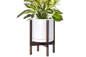 D'vine Dev Ceramic Planter with Walnut Color Stand - 10 Inch Modern Round Flower Pot with Wood Planter Holder, White, 55-B-X-1