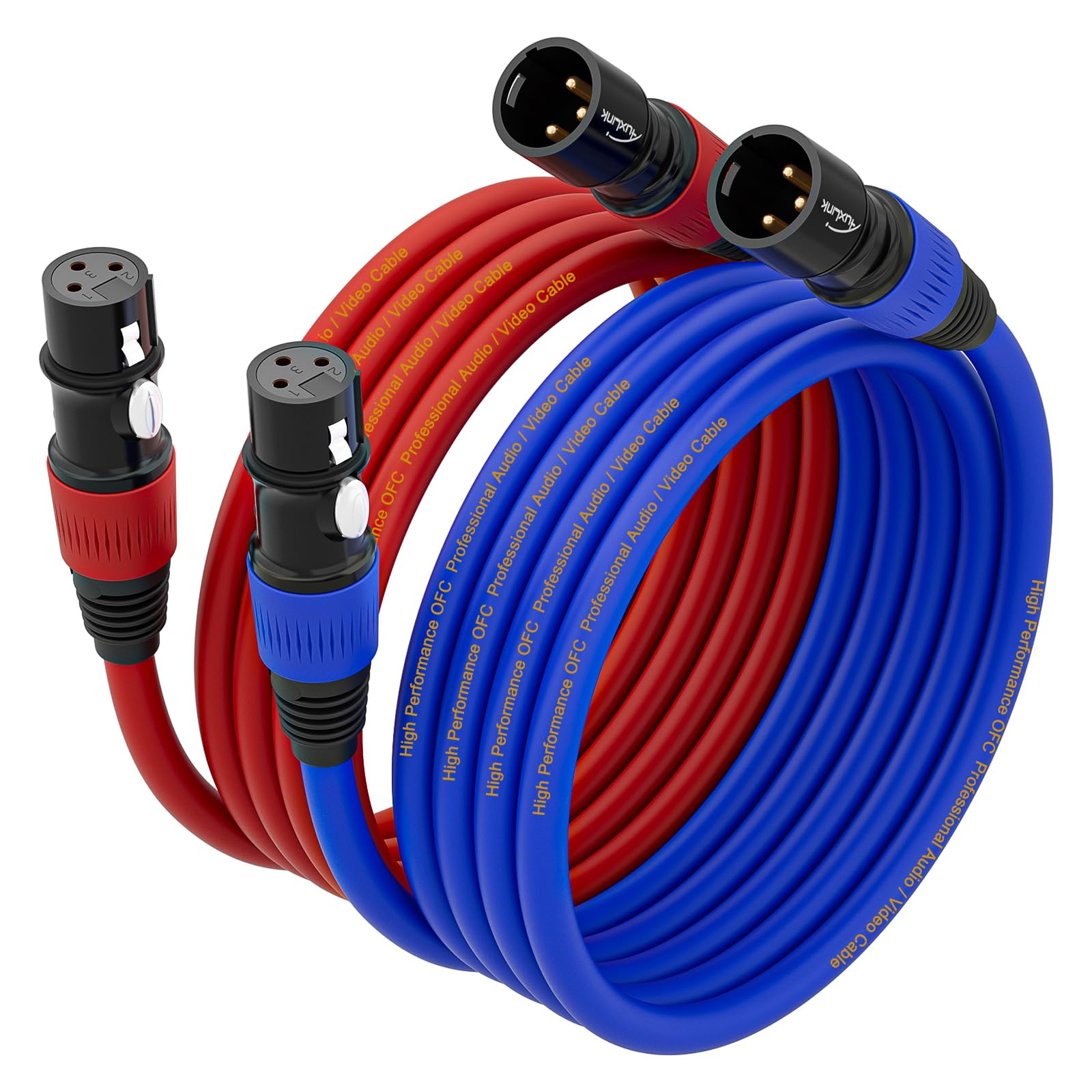 XLR Cables, XLR Male to Female 10ft, Gold-Plated 3 Pins Microphone Cable Color Coded Cable - 2Pack