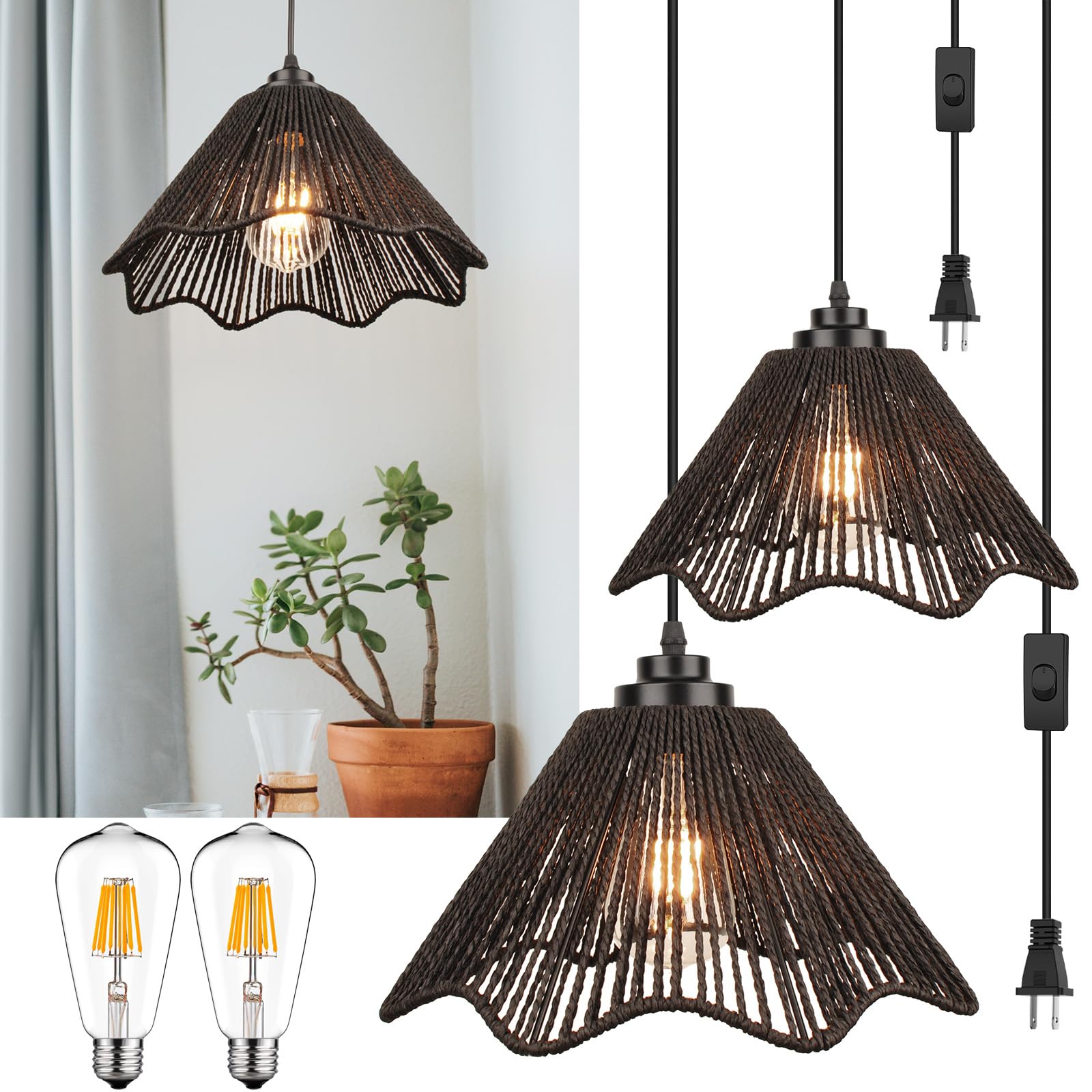 Photo 1 of tebio Rattan Plug in Pendant Light Set of 2 (Bulbs Included), 12"x6" Boho Hanging Lights with 13FT Black Hemp Plug-in Cord, On/Off Switch for Living Room, Bedroom, Kitchen