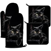 Black Cat Oven Mitts and Pot Holders Set 4 Pcs Extra Long Heat Resistant Gloves Potholder for Baking, BBQ, Grilling