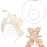 CIEHER 5 Pack Fascinators Hats Women Tea Party, Derby Hat Lace Gloves Simple Pearl Jewelry Set (Earrings, Necklace and Bracelet) Mesh Ribbons Feathers Headband - Champagne (Style 2)