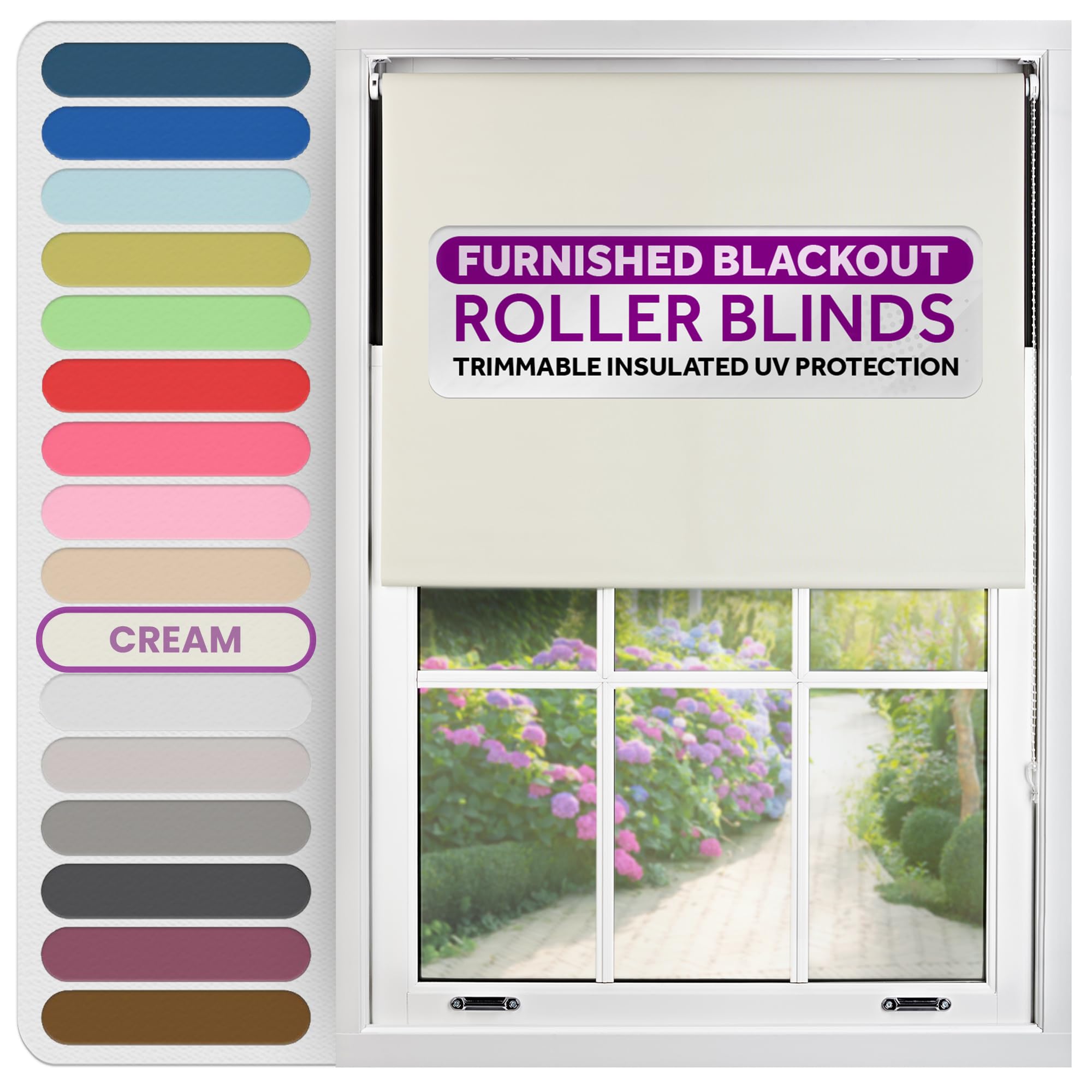 FURNISHED Roller Blinds Thermal Blackout Roller Blind - Trimmable Insulated UV Protection Child Safe Easy Fit Home Office Window Blinds, Cream, 55 cm Wide x 165 cm Long