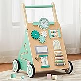 Tltaroni Baby Walker with Wheels, Wooden Baby Walker Push Toy Adjustable Height and Speed Montessori Walker Multiple Learning Activity Walker for Boys Ages 9+ Months, Green