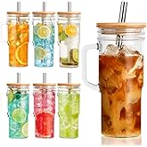 VasoArte 6 Pack Glass Tumbler Cups with Handle, 24oz Bubble Tea Cup with Bamboo Lid& Wide Straws,Reusable Mason Jars with Wide Mouth Iced Coffee Cup, Drinking Glasses for Smoothie,Bubble Tea