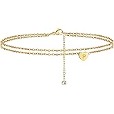 Ursteel Ankle Bracelets for Women, 14K Gold Plated Dainty Layered Heart Initial Anklets for Women Gifts