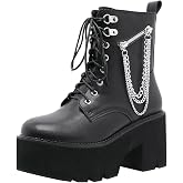 Parisuit Womens Goth Patent Ankle Boots Platform Chunky Combat Boots | Lace Up, Gothic Boots, High Heel, Punk Short Booties, Buckle Boots, Chain Boots