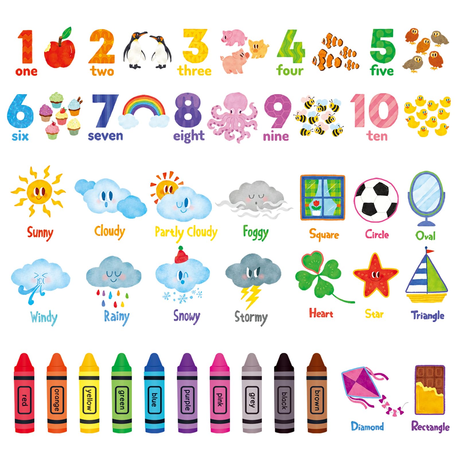 DECOWALL DSL-8056 Leanring Number Color Weather Shape Wall Stickers Educational Decals for Kids Bedroom Nursery Living Room Art Home décor Classroom playroom Decorations Crafts Vinyl