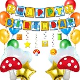 Cartoon Supper Bros Gaming Party Decorations Set with Mushroom Balloons | Game Bro Theme Birthday Decorations Kit Cartoon Bannner Hanging Swirls Colorful balloons Foil Star Cloud Balloons