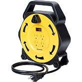 DEWENWILS 25FT Extension Cord Reel, Hand Wind Retractable Cord Reel | 16/3 SJTW Power Cord, 4 Grounded Outlets, 13 Amp Circuit Breaker, Ideal for Workshop, Outdoor, Yellow, UL Listed