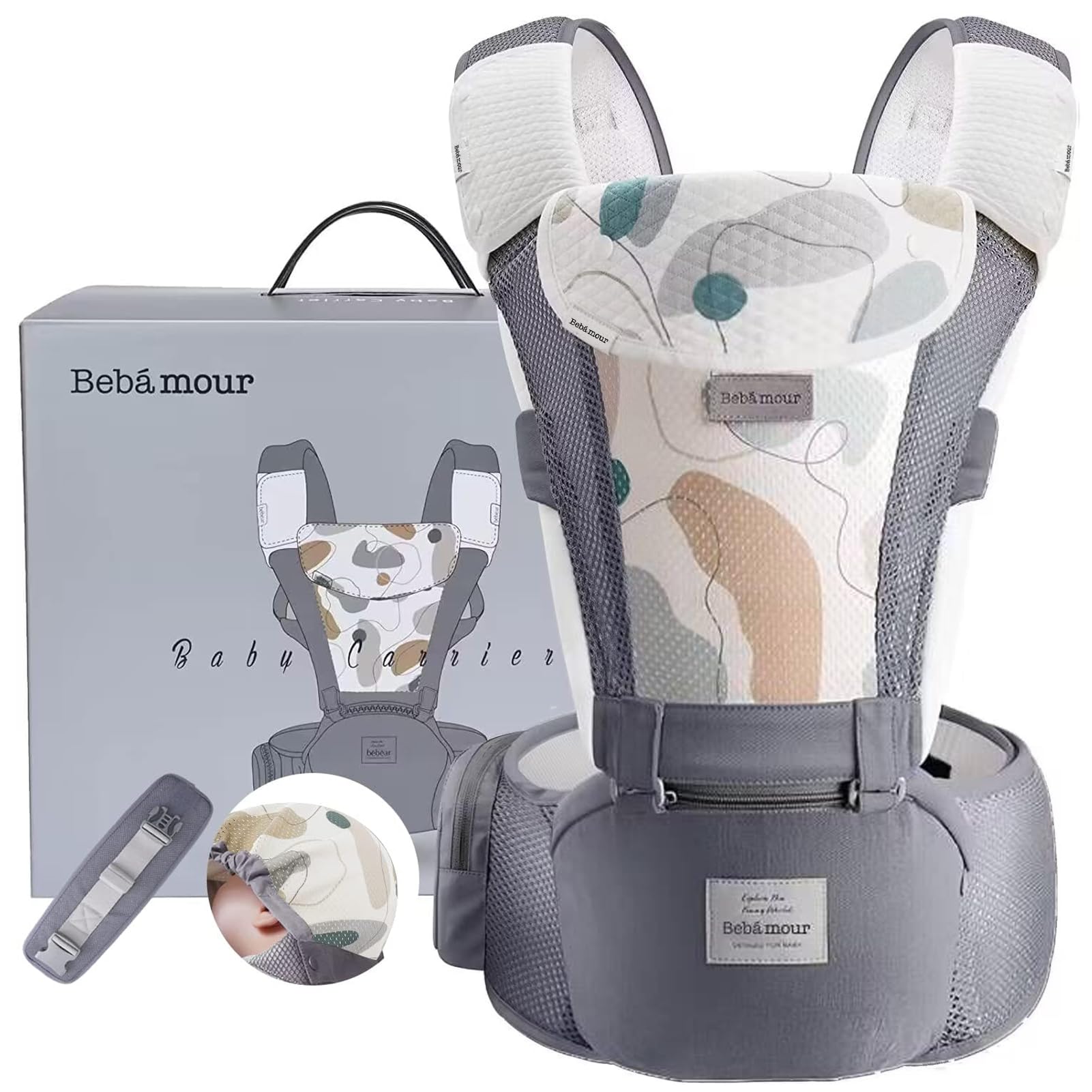 【ベビーアムール】Bebamour 抱っこひも ヒップシート 軽量 通気メッシュ ベビーキャリア 前向き抱っこ おんぶ 6way ウェストキャリー 快適（グレー）商品画像