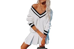 Aoudery Womens V Neck Oversized Sweaters Long Sleeve Cable Knit Pullover Striped Chunky Sweater Casual Tennis Tunic Tops