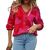 Sumleno Women's Cute Strawberry Graphic Cardigan Sweaters Button Down Color Block Knit Trendy Y2K Aesthetic Preppy Clothes