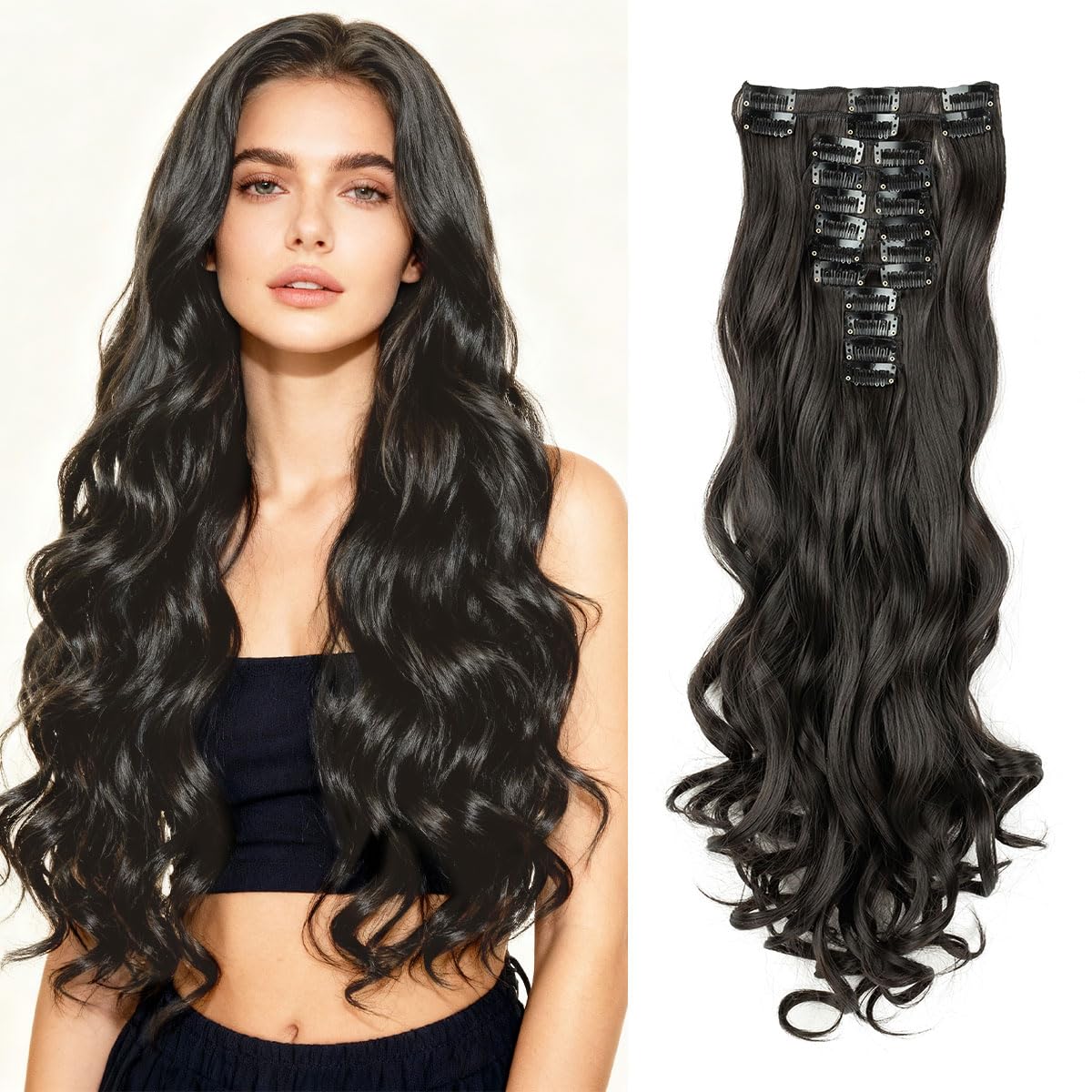 Clip in Hair Extension Long 22inch Curly Full Head Synthetic Clip on Hair Extension #4 Medium Brown 180 Gram Thick Double Weft Hair Extensions Wavy Hairpieces for Women — image 1