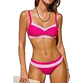 CUPSHE Women's Bikini Sets Two Piece Swimsuit V Neck Colorblock Sexy Bathing Suit Ruched Back Tie Mid Rise
