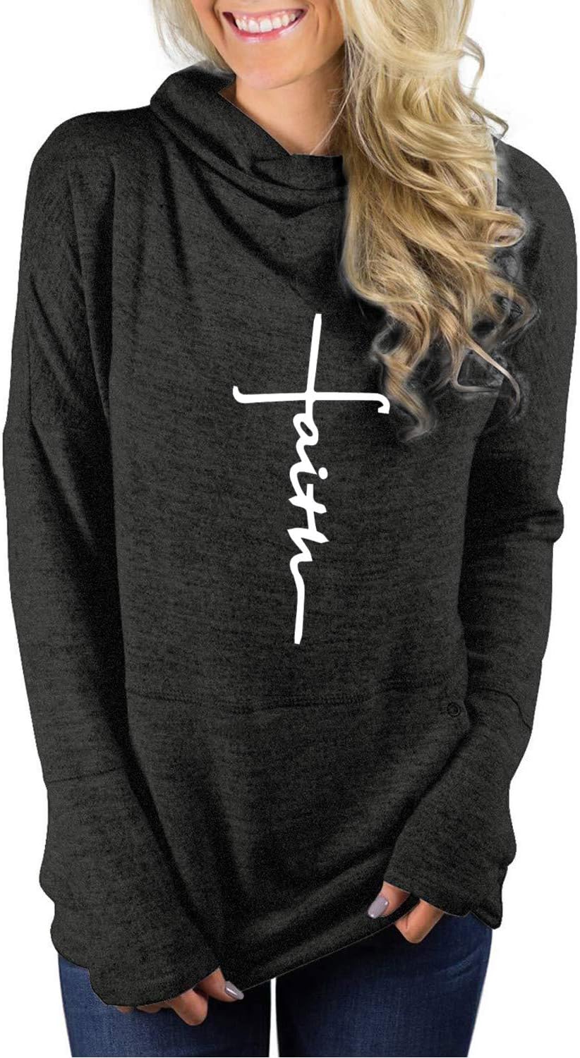 AELSON Women's Faith Hoodies Casual Long Sleeve High Neck Sweatshirts Loose Pullover Tops with Pocket