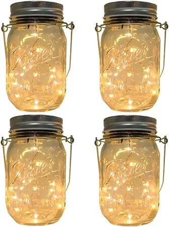 Chbkt 4 Pack Solar Powered Mason Jar Lights Mason Jar Handle Included20 Bulbs Jar Hanging Lightgarden Outdoor Solar Hanging Lanterndecor
