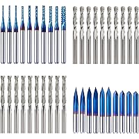 1/8” Shank CNC Router Bits Kit for All Purpose, Triangular Engraving Bits, Spiral End Mills, 2-Flute Flat Nose and Ball Nose 