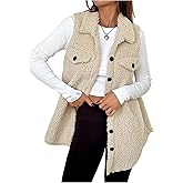 Verdusa Women's Fall Fuzzy Fleece Vest Sleeveless Button Down Thigh Length Teddy Coat Outerwear